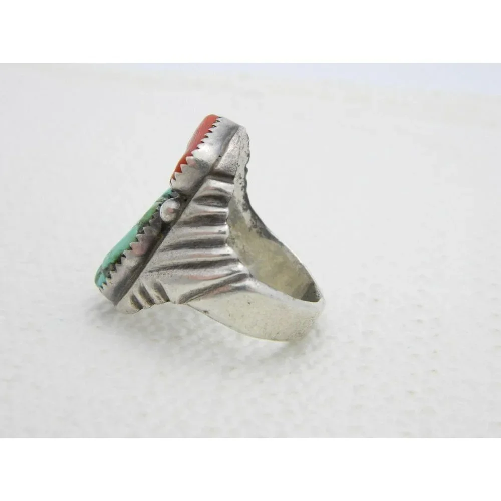 Navajo R Signed Designer Sterling Silver Heavy Coral Turquoise Ring 15g Size 9.5 - Picture 3 of 6